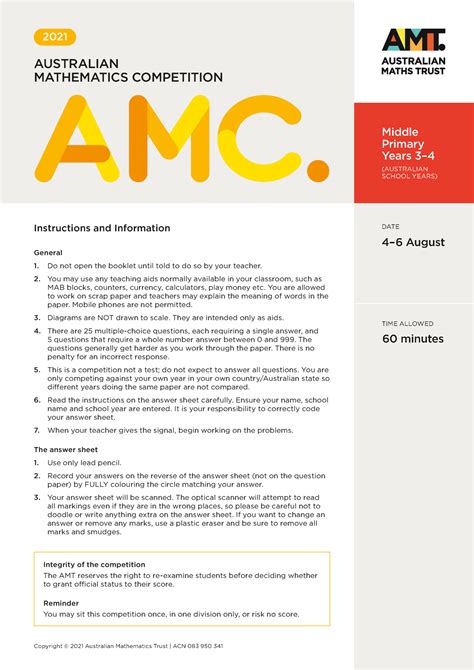 Australian Mathematics Competition AMC Past Papers 2020.